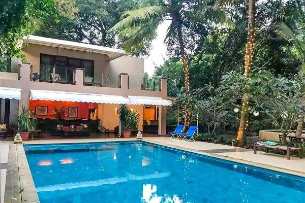 Private farmhouse with swimming pool surrounded by palm trees