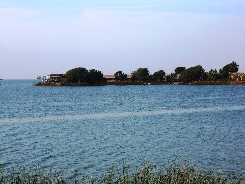 Keenjhar Lake with tree-lined island