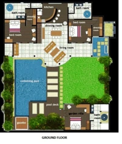 Farmhouse ground floor plan with bedrooms, lounge, pool and garden